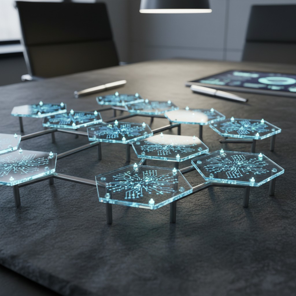 Panel units with blue circuitry printed on them sit on a grey cloth in a dark office, illuminating softly.