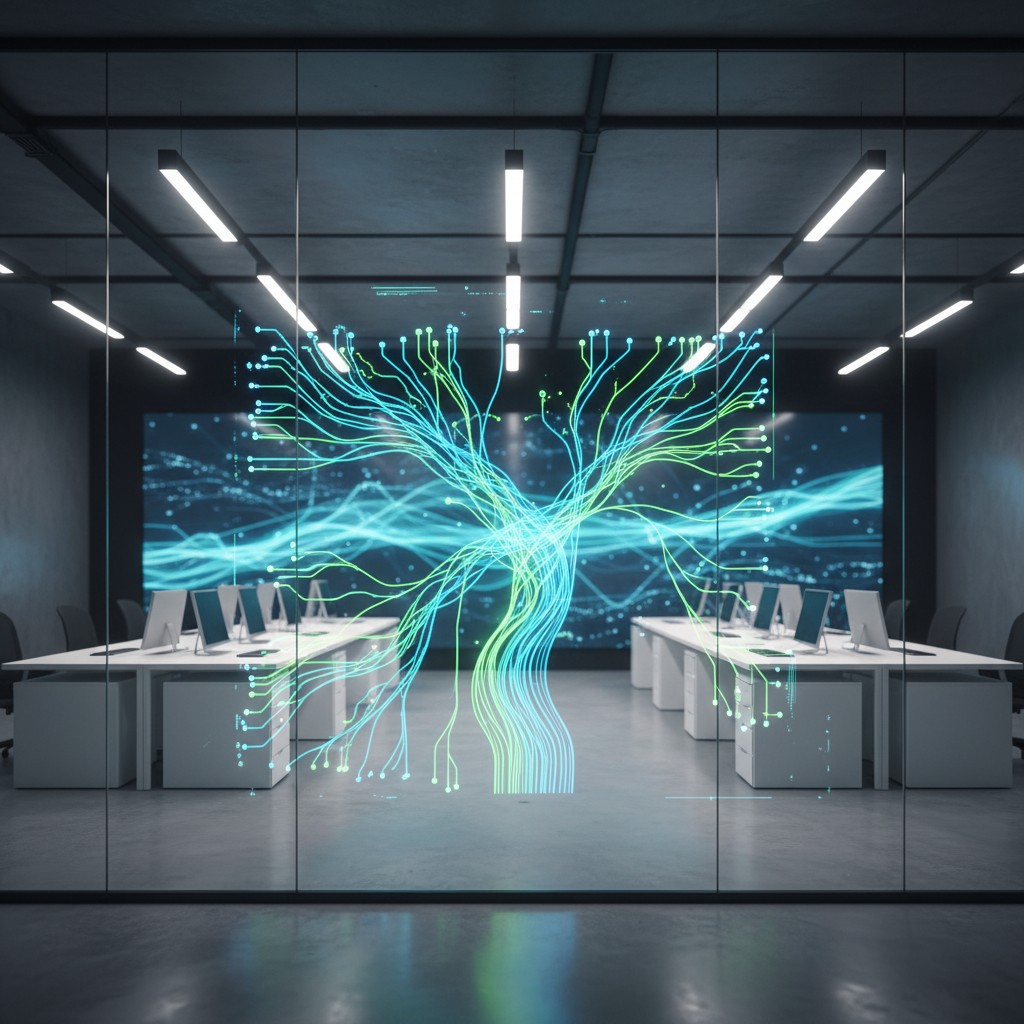 Lab with futuristic display and desks filled with computers, set against a dark gray wall, evoking a tech or startup hub.