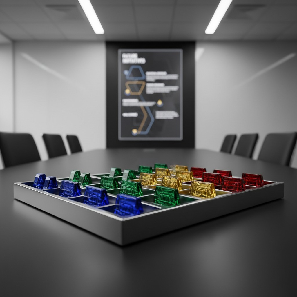 A 3D rendering of a game board with colored blocks in a conference room. The table features eight black chairs seated arou...