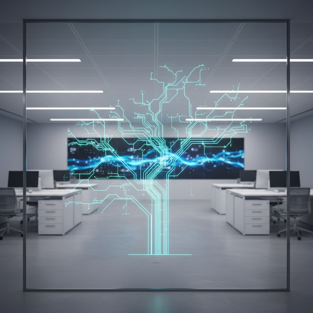 An office with a futuristic, high-tech aesthetic, featuring a large screen and a stylized tree graphic.